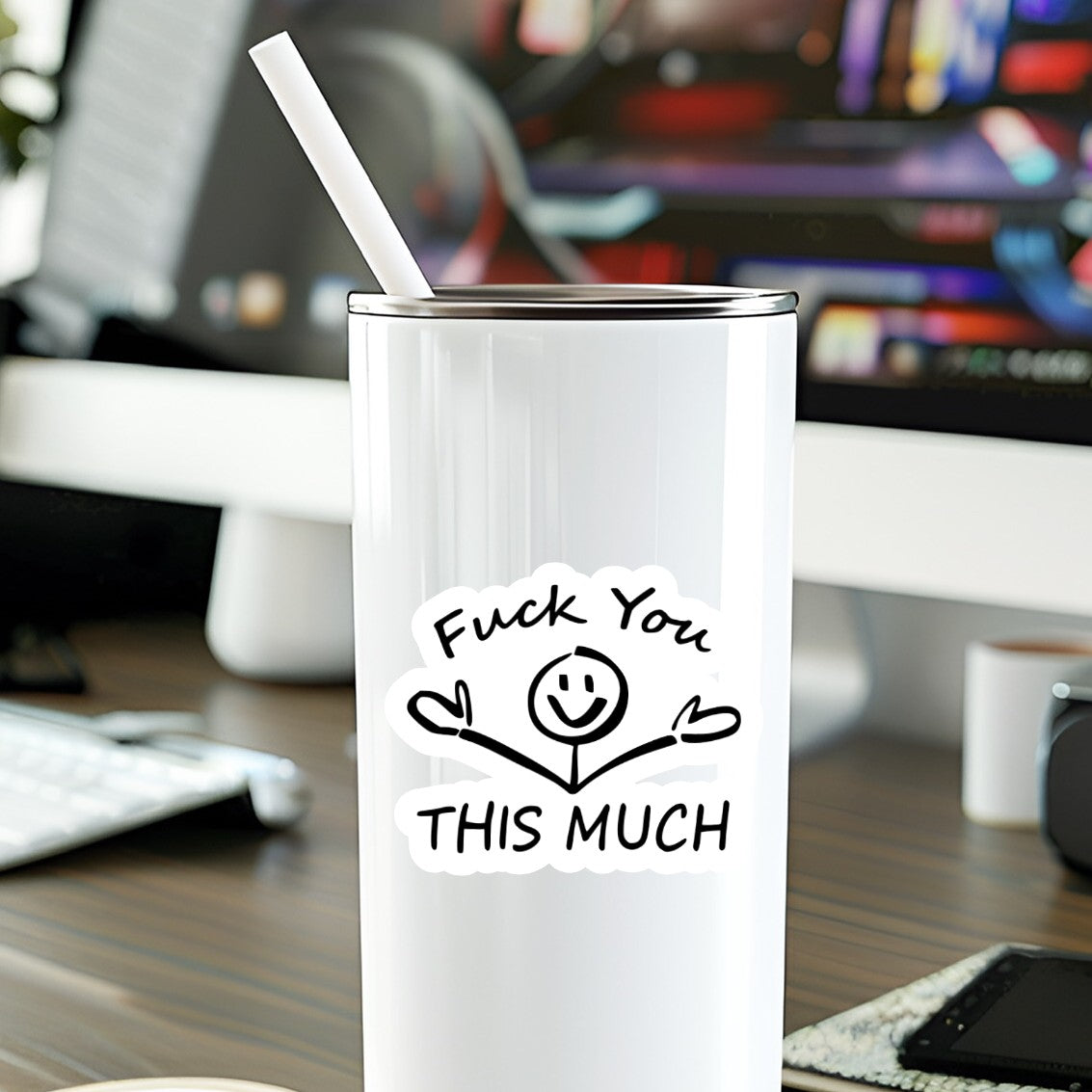 Mellow Monkey waterproof vinyl sticker featuring a stick figure with arms wide open and the text Fuck You This Much