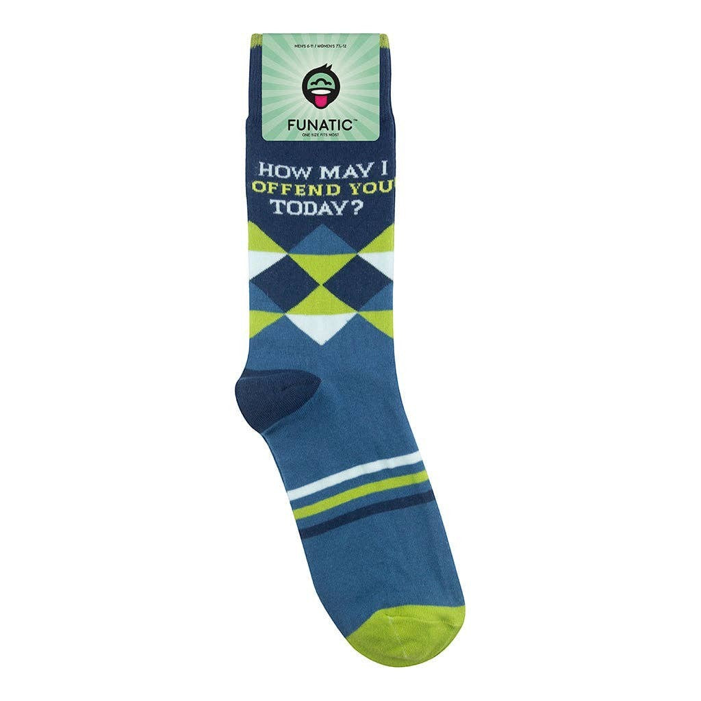 Mellow Monkey Funatic crew socks featuring a navy and lime green argyle pattern with the text How May I Offend You Today