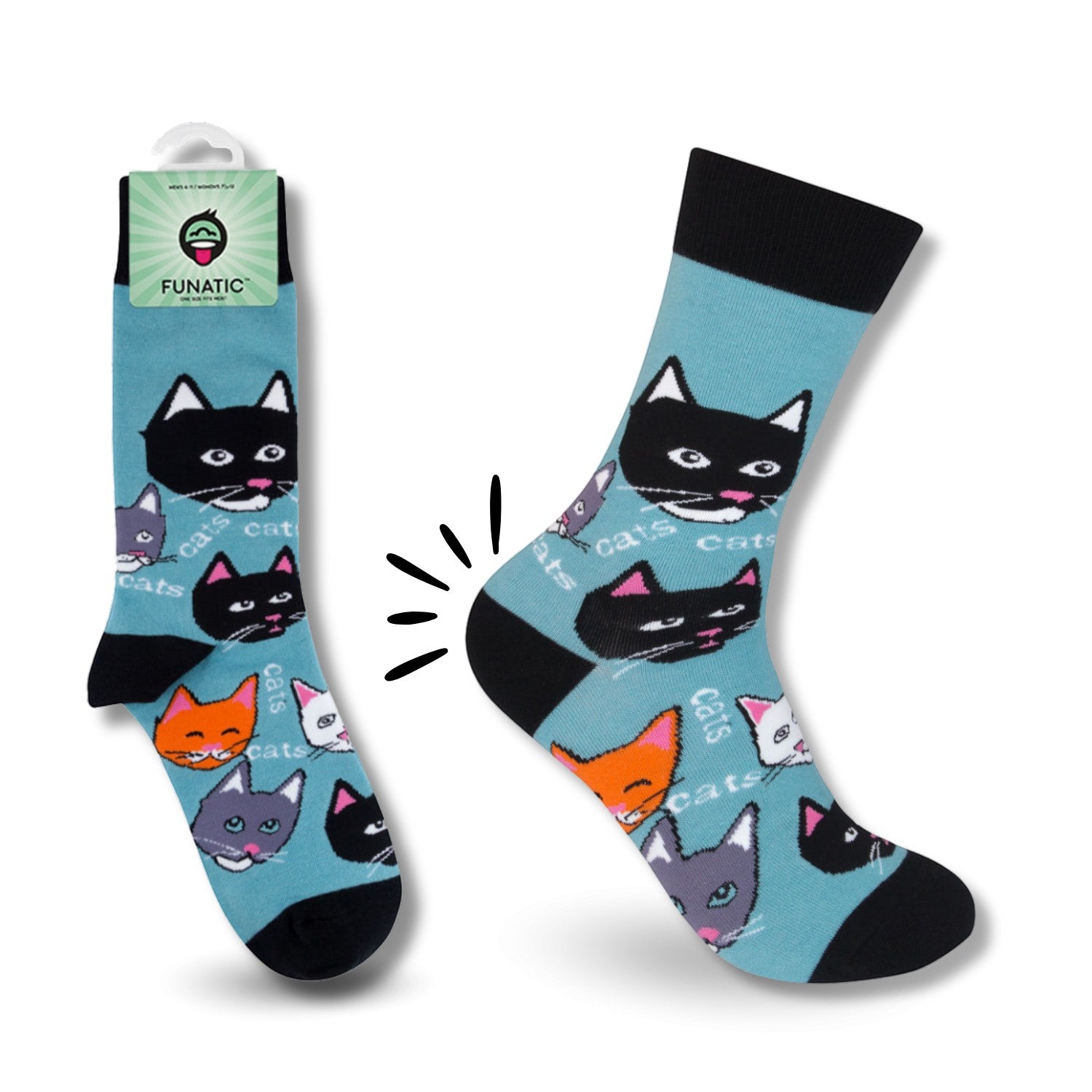 Mellow Monkey Funatic light blue crew socks featuring a repeating pattern of colorful cartoon cat faces and text.