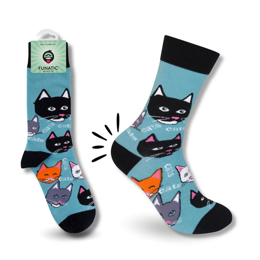 Mellow Monkey Funatic light blue crew socks featuring a repeating pattern of colorful cartoon cat faces and text.