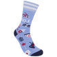 Mellow Monkey light blue crew socks featuring Funcle text, pizza, popcorn, and retro gaming icons.