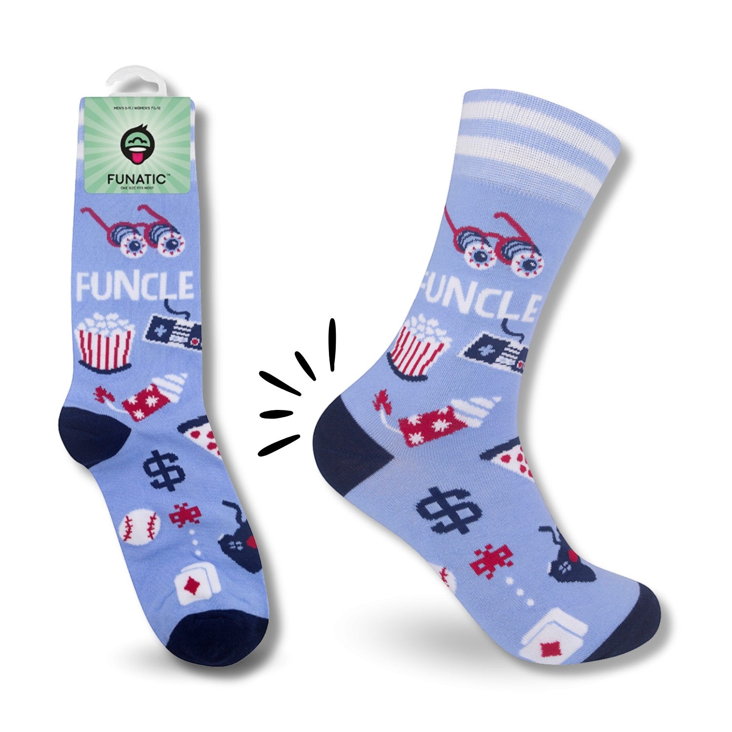 Mellow Monkey light blue Funcle crew socks featuring pizza, dollar signs, and gaming icons with navy heel and toe