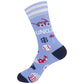 Mellow Monkey light blue crew socks featuring Funcle text and playful icons like pizza, popcorn, and dollar signs.