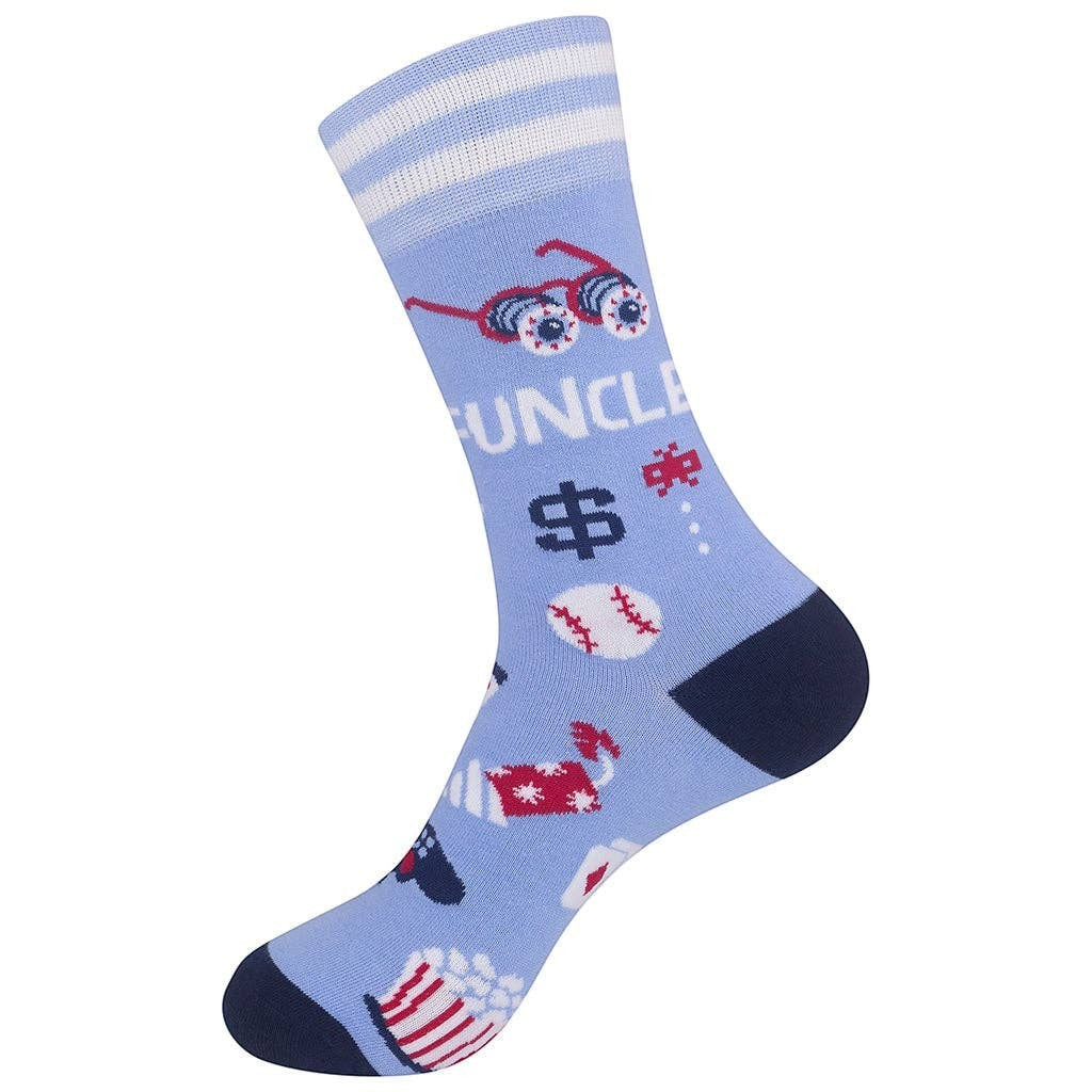 Mellow Monkey light blue crew socks featuring Funcle text and playful icons like pizza, popcorn, and dollar signs.