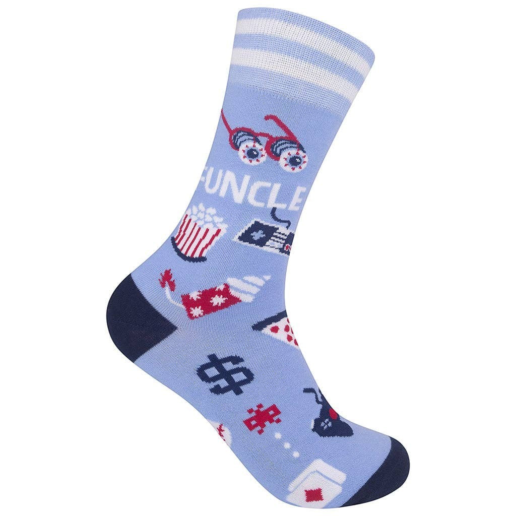 Mellow Monkey light blue crew socks featuring Funcle text and novelty icons like pizza, popcorn, and game controllers.
