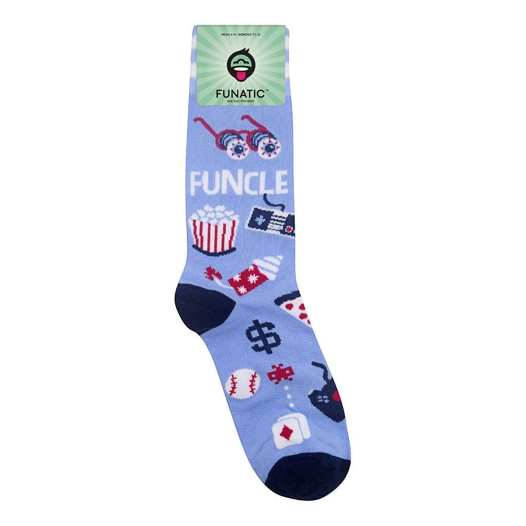 Mellow Monkey light blue Funcle crew socks featuring pizza, popcorn, and game controller patterns with navy accents.