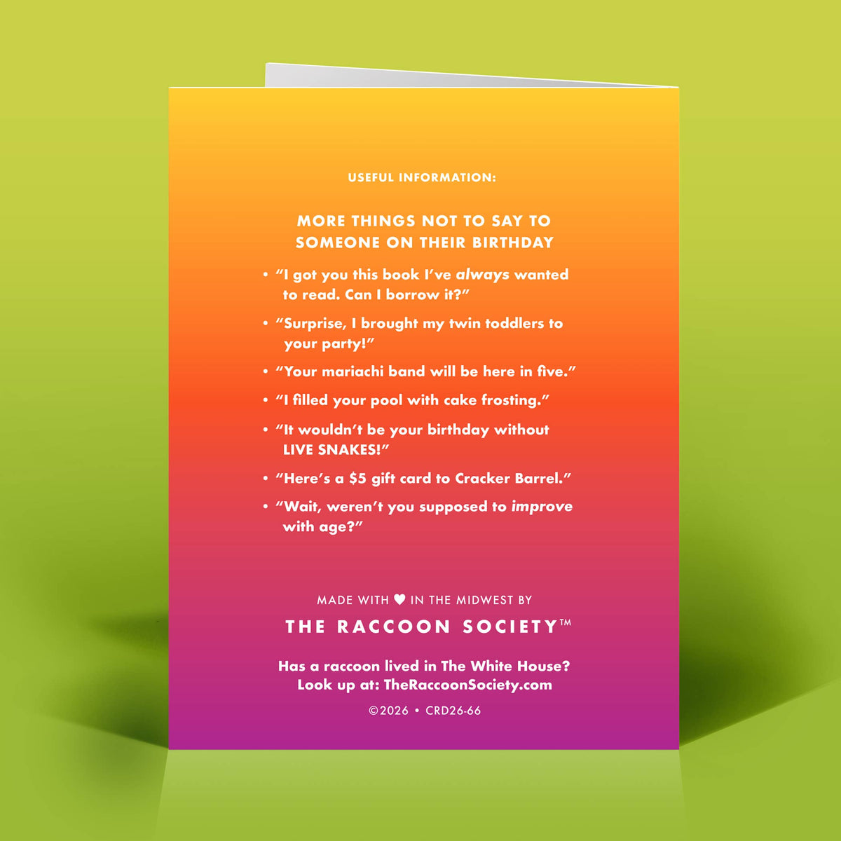 Mellow Monkey Funeral March birthday greeting card with a vibrant orange to pink gradient background.