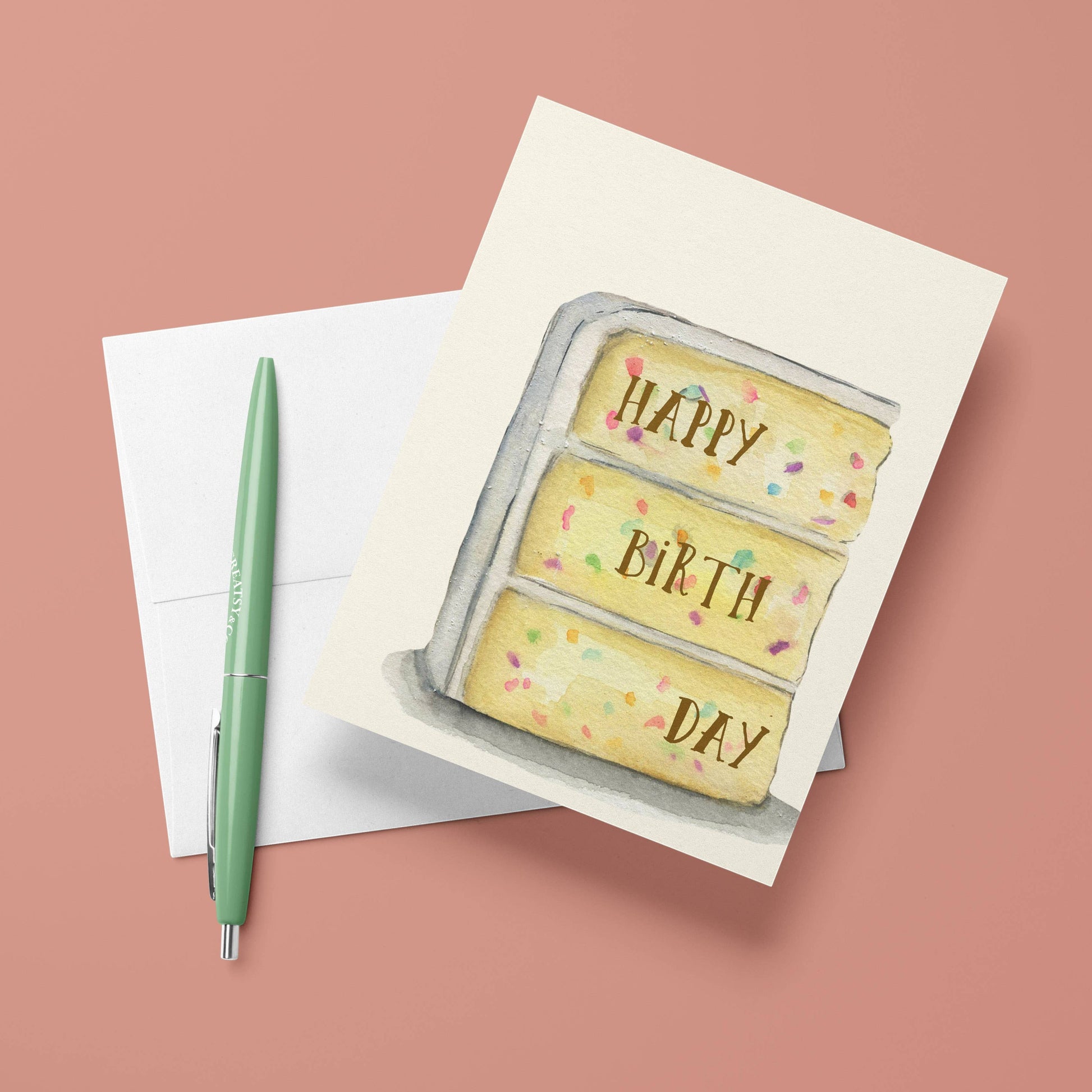 Mellow Monkey Funfetti cake birthday card with "Happy Birth Day" text, blank inside, on FSC-certified paper.