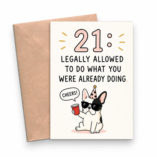 Mellow Monkey 21st birthday card featuring a French bulldog in sunglasses and a party hat with a red party cup.