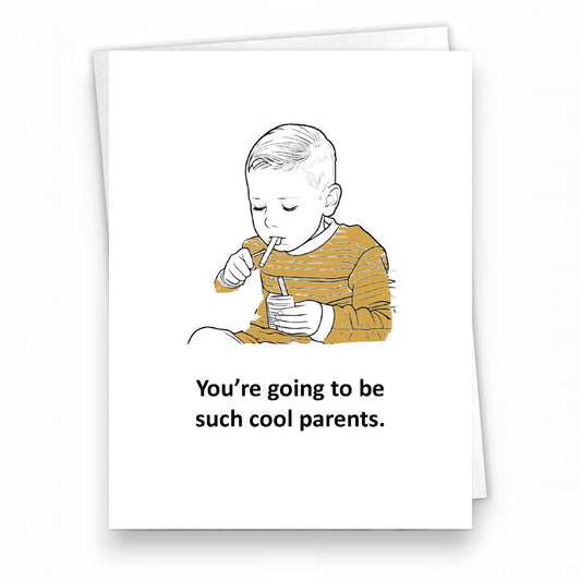 Mellow Monkey funny new baby greeting card featuring a line art illustration of a child with a candy cigarette.