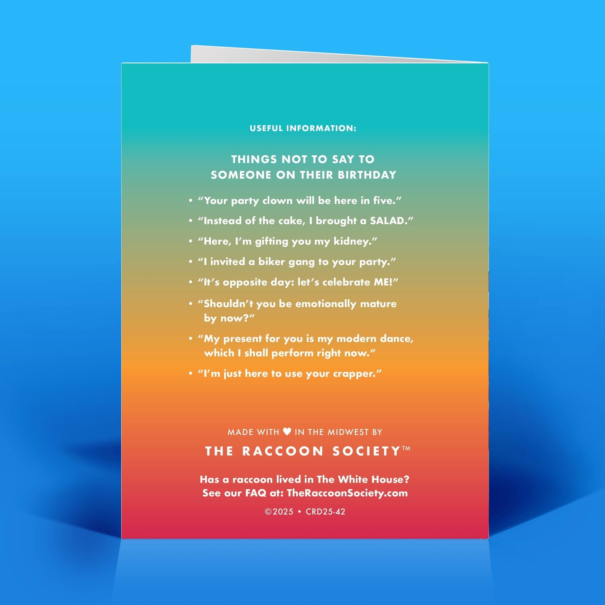 Mellow Monkey funny birthday card back featuring a colorful gradient background and humorous text list.