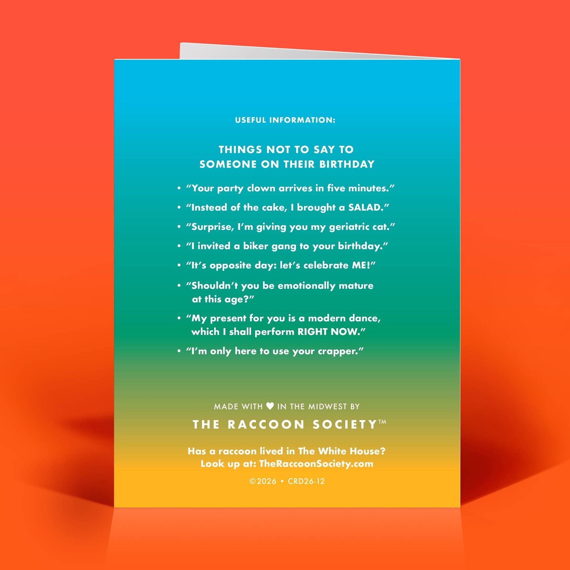Mellow Monkey birthday card back featuring a humorous list of things not to say on a birthday against a gradient background