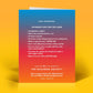Mellow Monkey funny birthday card back view with blue to red gradient background and humorous text list