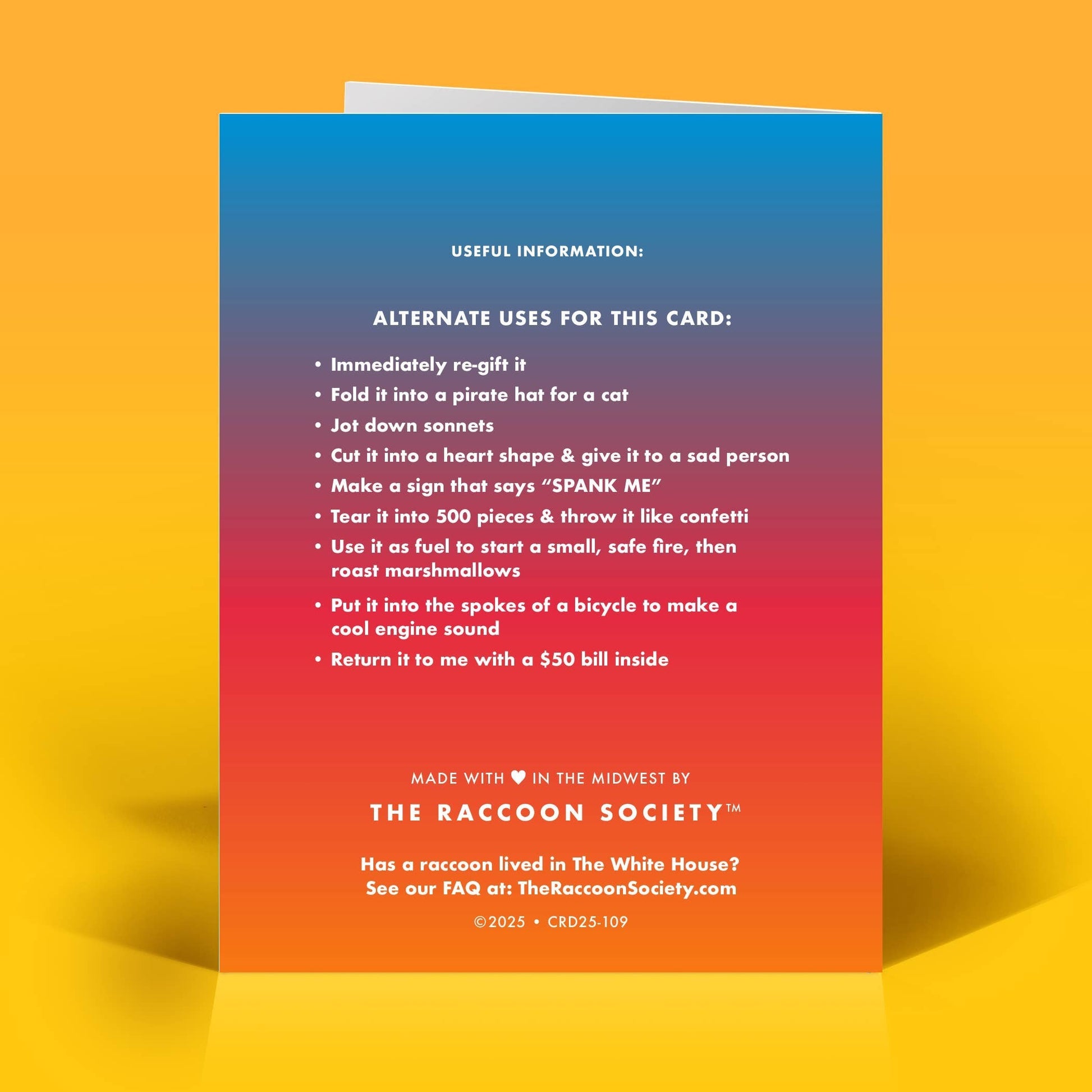 Mellow Monkey funny birthday card back view with blue to red gradient background and humorous text list