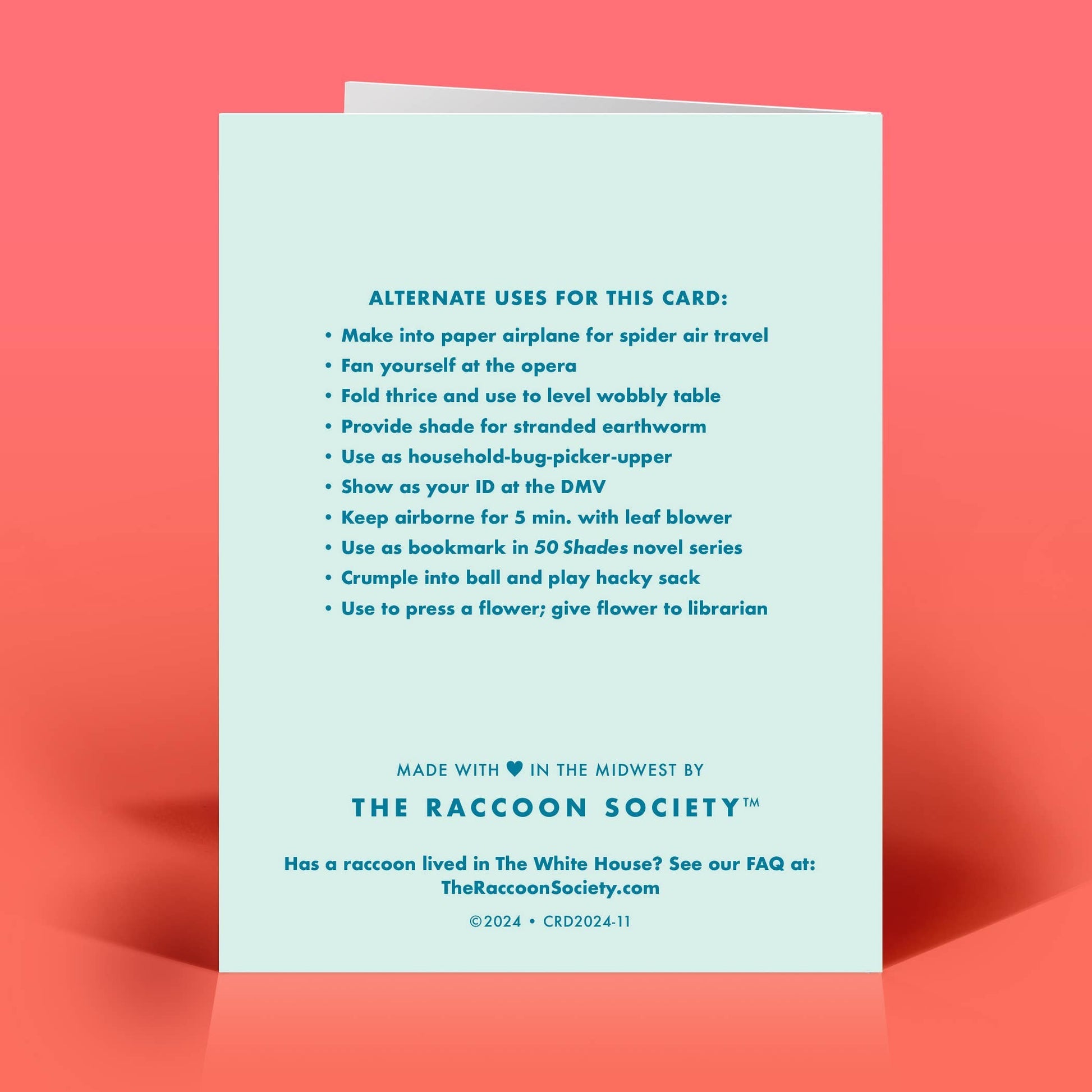 Mellow Monkey funny birthday card back featuring a list of humorous alternate uses printed on light blue paper