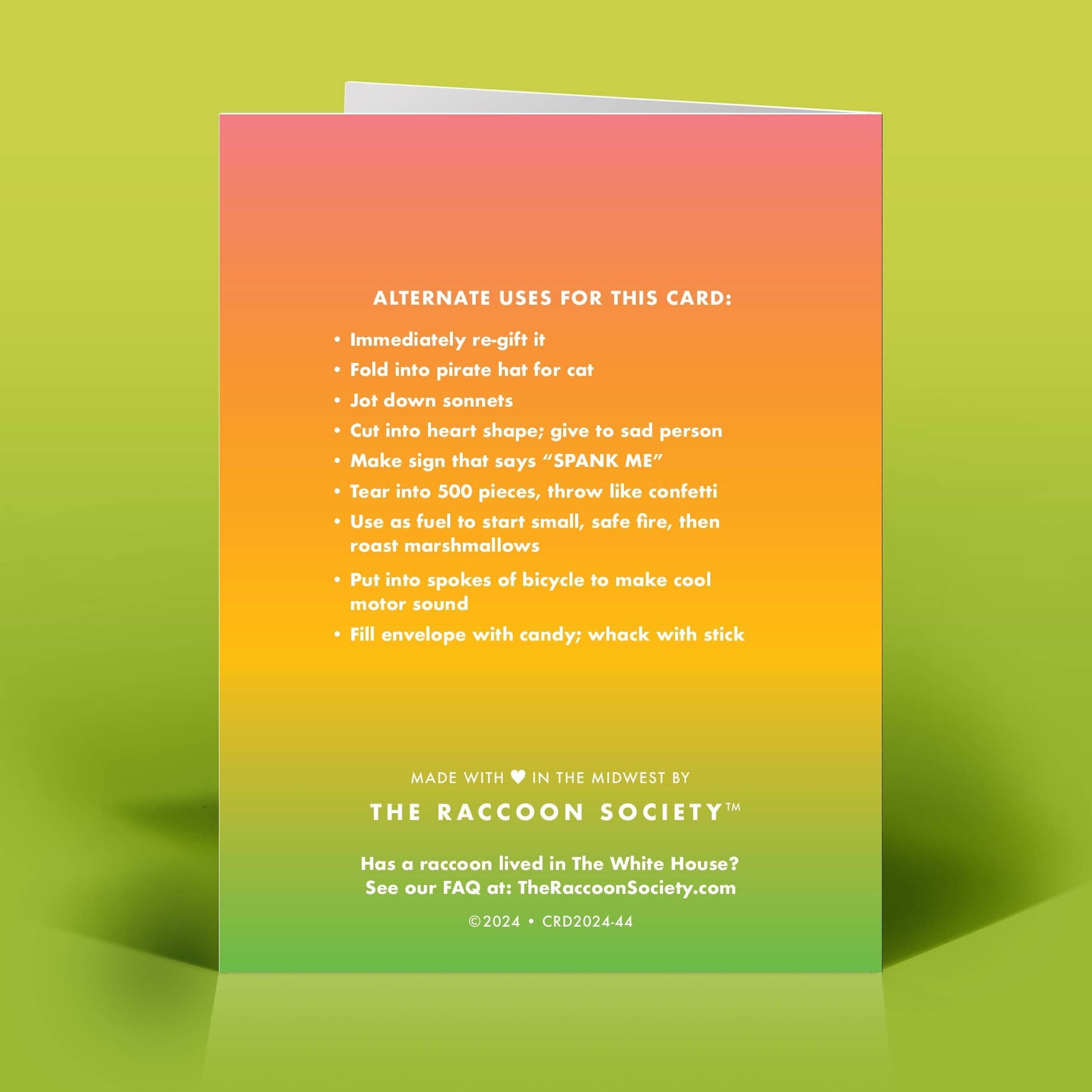 Mellow Monkey funny birthday card back with a vibrant orange to yellow gradient and humorous list of alternate uses.