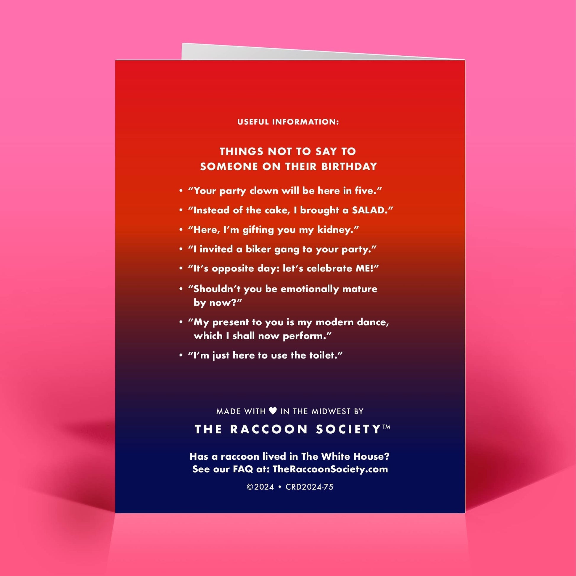 Mellow Monkey funny birthday card with a red and blue gradient background featuring a list of humorous birthday quotes.