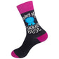 Mellow Monkey black crew socks with hot pink cuffs, heels, and toes featuring a blue ribbon and funny text graphic.