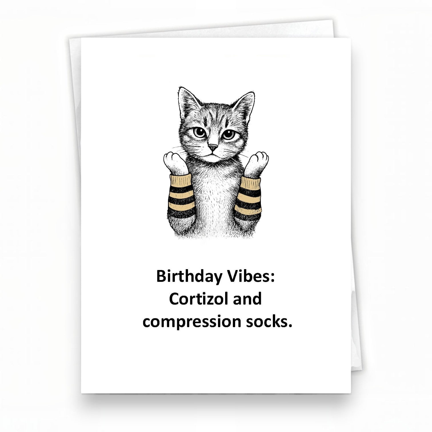 Mellow Monkey funny birthday card featuring a grumpy cat illustration wearing striped compression socks