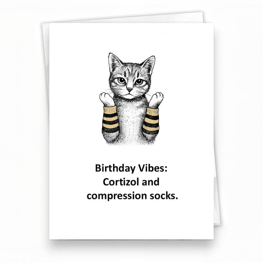Mellow Monkey funny birthday card featuring a grumpy cat illustration wearing striped compression socks