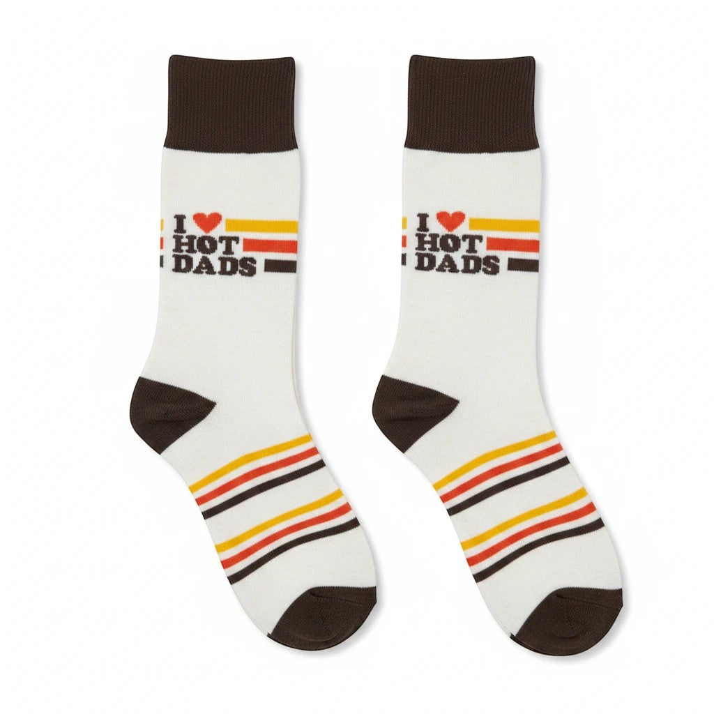 Mellow Monkey crew socks with I Love Hot Dads text, retro orange, yellow, and brown stripes, and brown heel and toe.