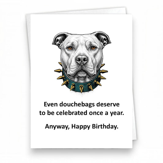 Mellow Monkey funny birthday card featuring a detailed pit bull illustration with a spiked collar and humorous text.