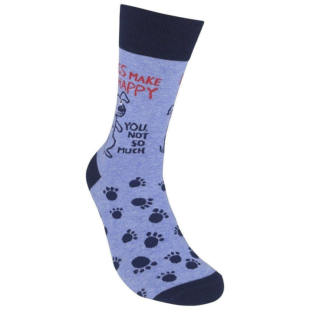 Mellow Monkey light blue novelty socks featuring a cartoon dog, paw prints, and the text Dogs Make Me Happy You Not So Much