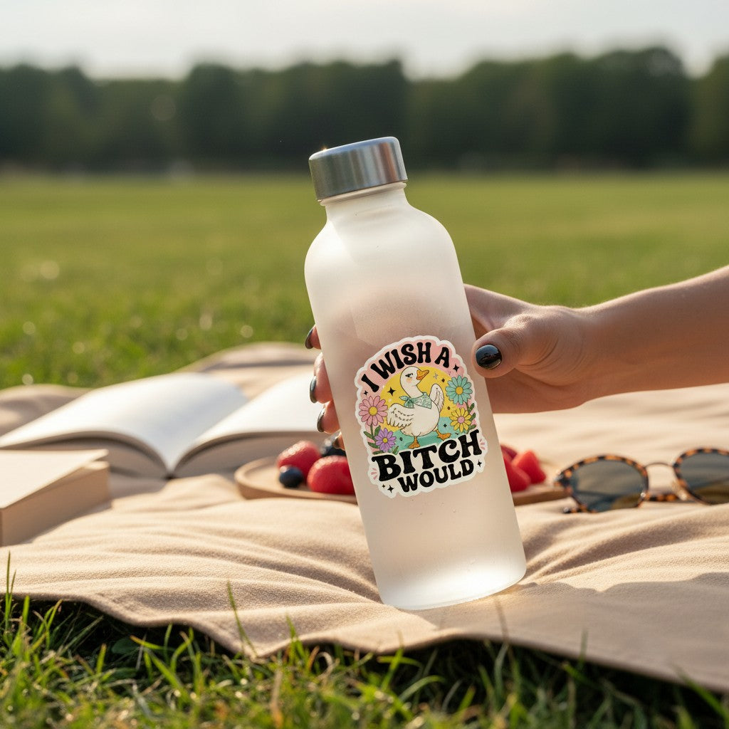 Mellow Monkey funny vinyl sticker with a duck illustration and text on a frosted water bottle in a park setting.
