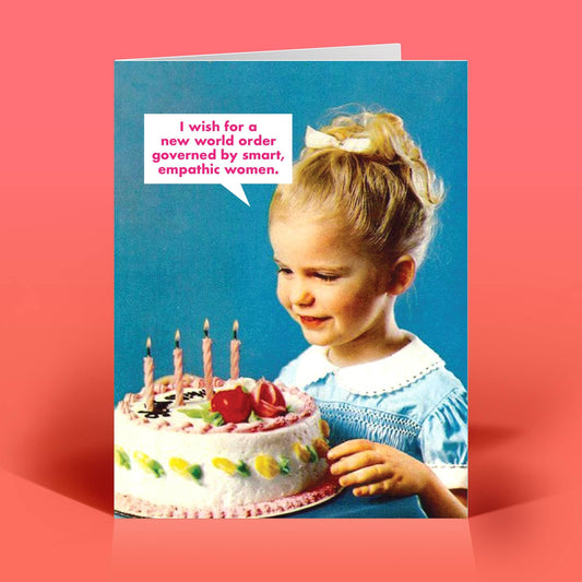 Mellow Monkey funny birthday card featuring a retro girl with a birthday cake and a witty feminist speech bubble.