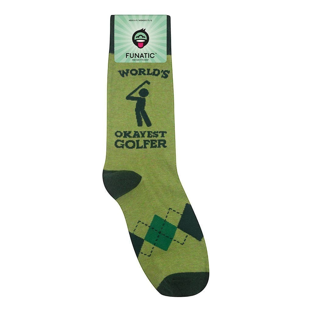 Mellow Monkey Funatic crew socks in light green featuring a cartoon golfer and the text World's Okayest Golfer