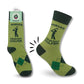 Mellow Monkey Funatic light green crew socks featuring a cartoon golfer and the text World's Okayest Golfer