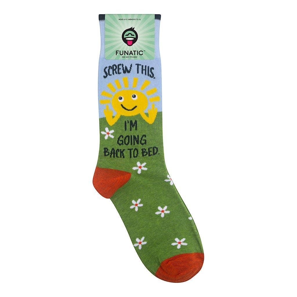 Mellow Monkey green crew socks featuring a smiling sun, daisy pattern, and the text Screw This I'm Going Back To Bed.
