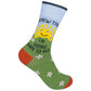 Mellow Monkey green crew socks featuring a smiling sun, white daisies, and the text Screw This I'm Going Back To Bed