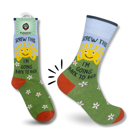 Mellow Monkey green crew socks featuring a smiling sun, white daisies, and the text Screw This I'm Going Back To Bed