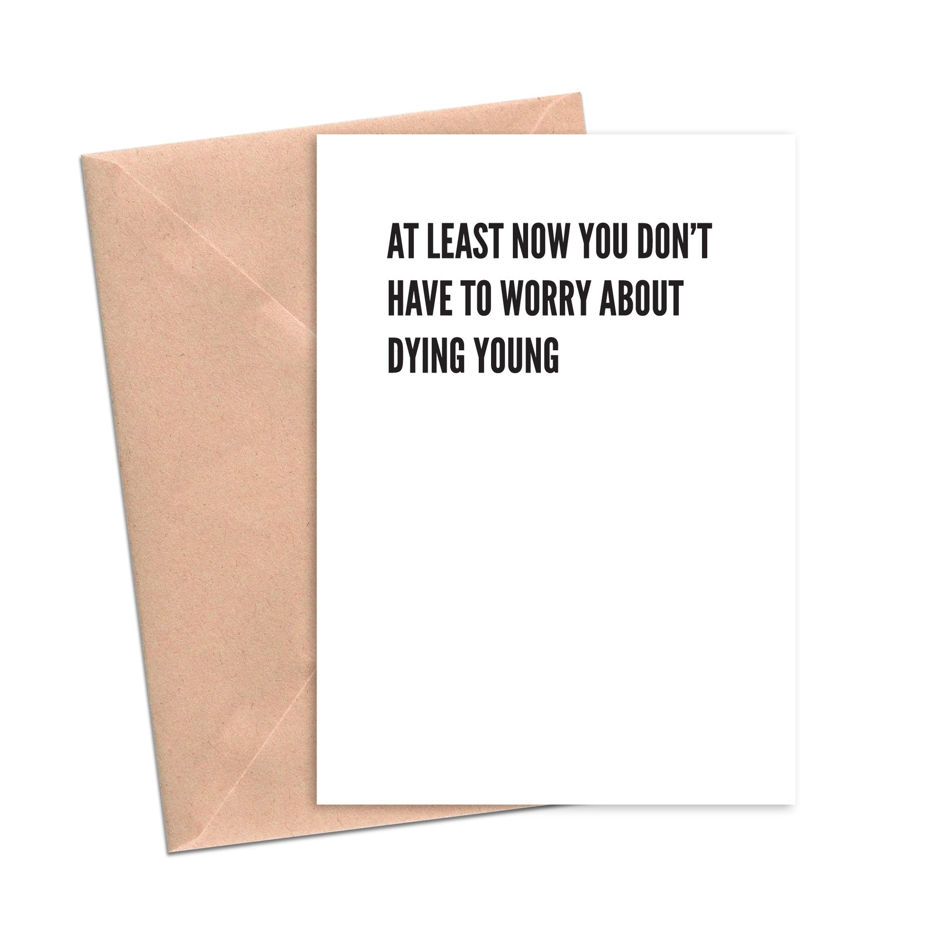 Mellow Monkey greeting card with black text on white recycled cotton cardstock and a brown Kraft paper envelope.