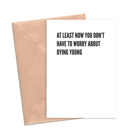 Mellow Monkey greeting card with black text on white recycled cotton cardstock and a brown Kraft paper envelope.