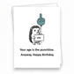 Mellow Monkey funny birthday card featuring a hedgehog holding a middle finger balloon and a sign saying yay.