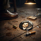 Mellow Monkey 1.25-inch round pin-back button featuring a glossy Funny How? parody design on a dark wooden floor.