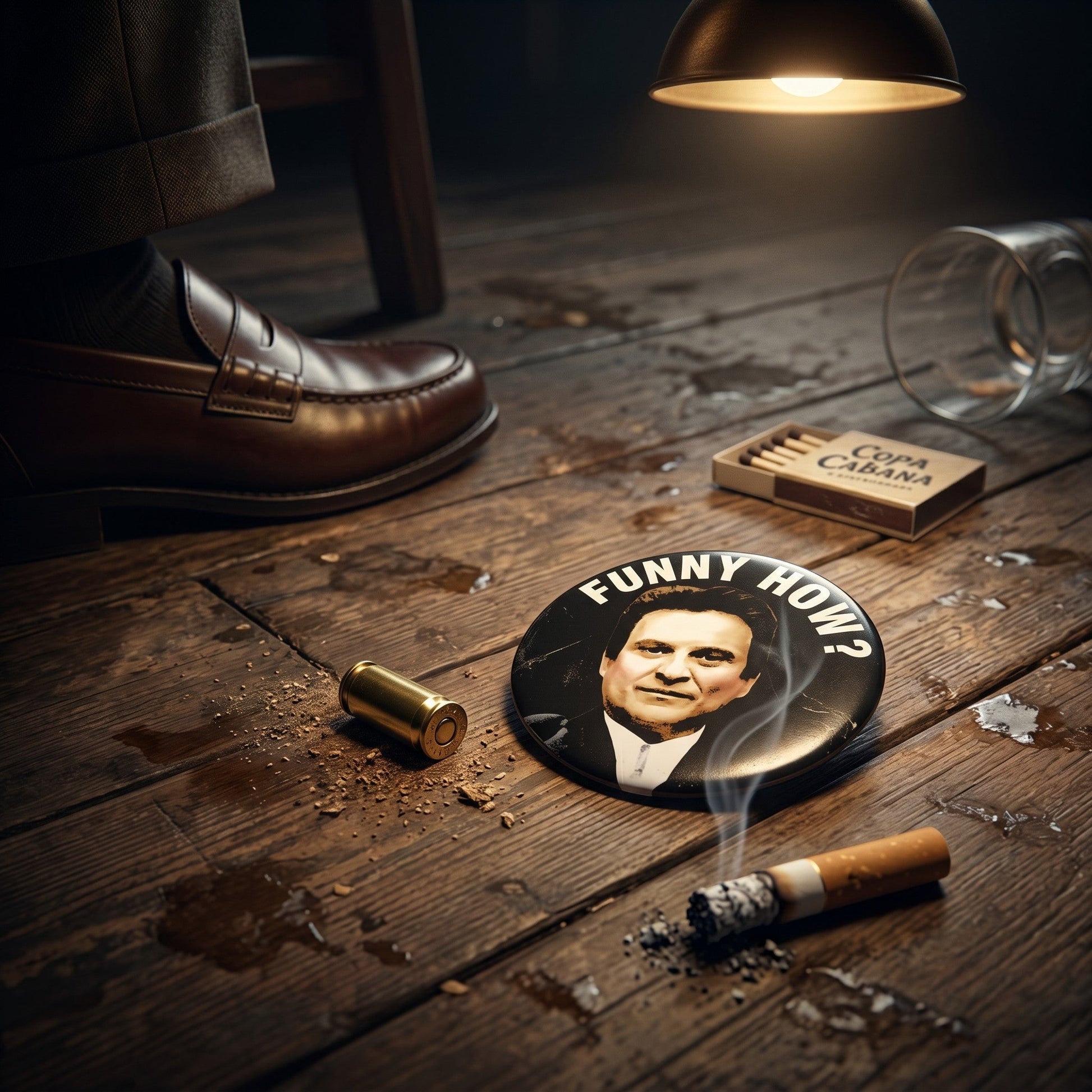 Mellow Monkey 1.25-inch round pin-back button featuring a glossy Funny How? parody design on a dark wooden floor.