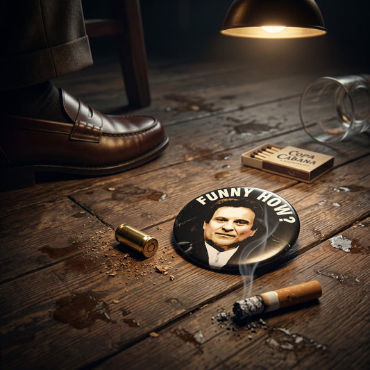 Mellow Monkey 1.25-inch round pin-back button featuring a glossy Funny How? parody design on a dark wooden floor.