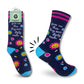Mellow Monkey dark blue novelty socks featuring smiley pill and flower illustrations with the text Give Us This Day Our Daily Meds
