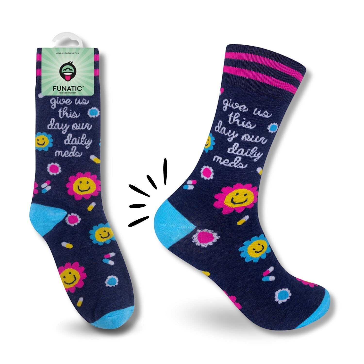 Mellow Monkey dark blue novelty socks featuring smiley pill and flower illustrations with the text Give Us This Day Our Daily Meds