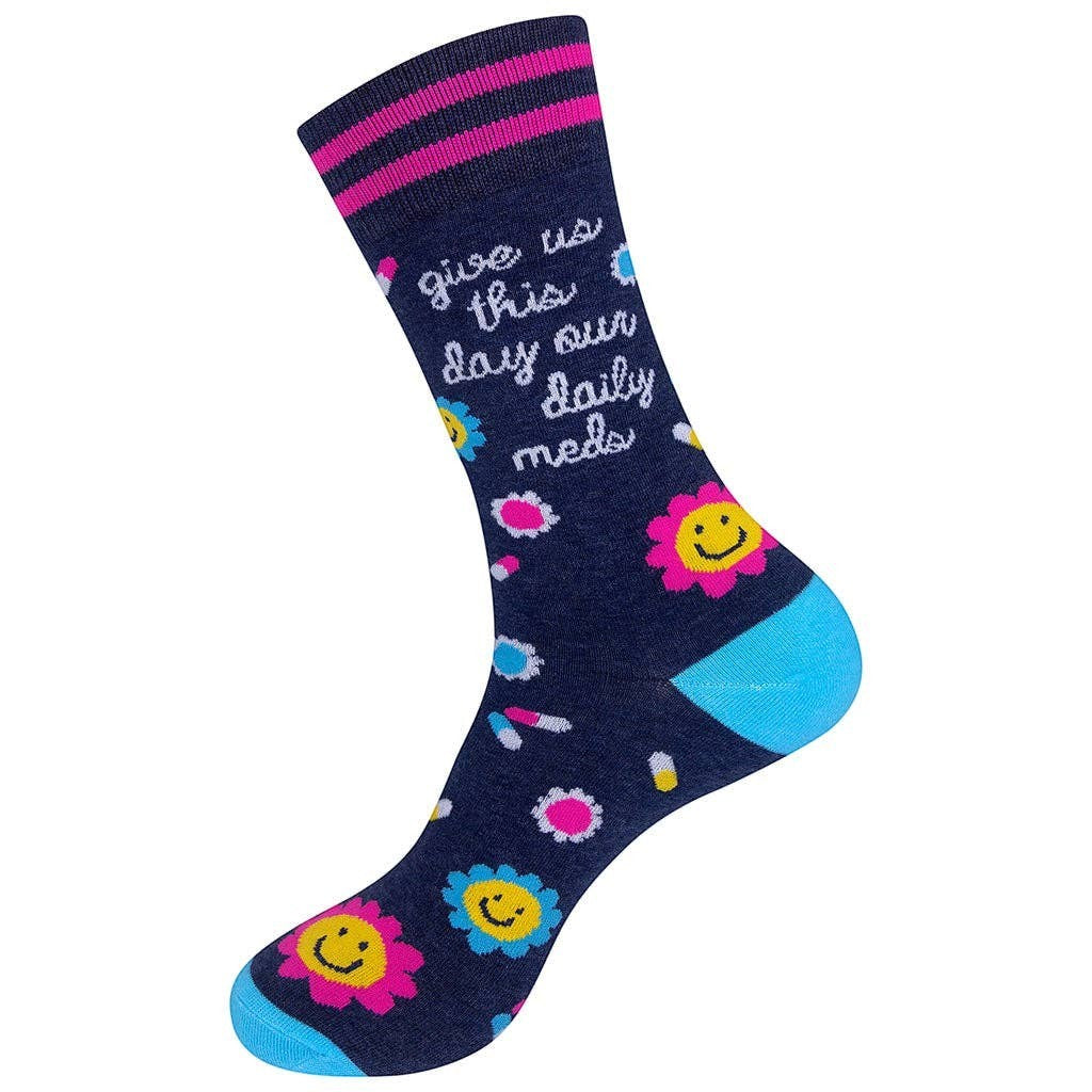 Mellow Monkey dark blue novelty socks featuring smiley pill and flower illustrations with the text Give Us This Day Our Daily Meds