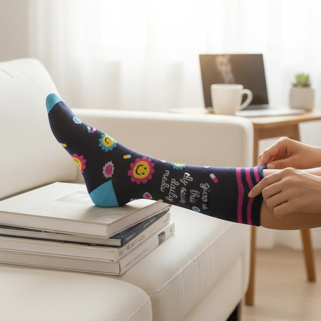 Mellow Monkey dark blue novelty socks with smiley pill and flower illustrations and Give Us This Day Our Daily Meds text
