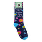 Mellow Monkey dark blue novelty socks with smiley pill and flower illustrations and funny text on a retail header.