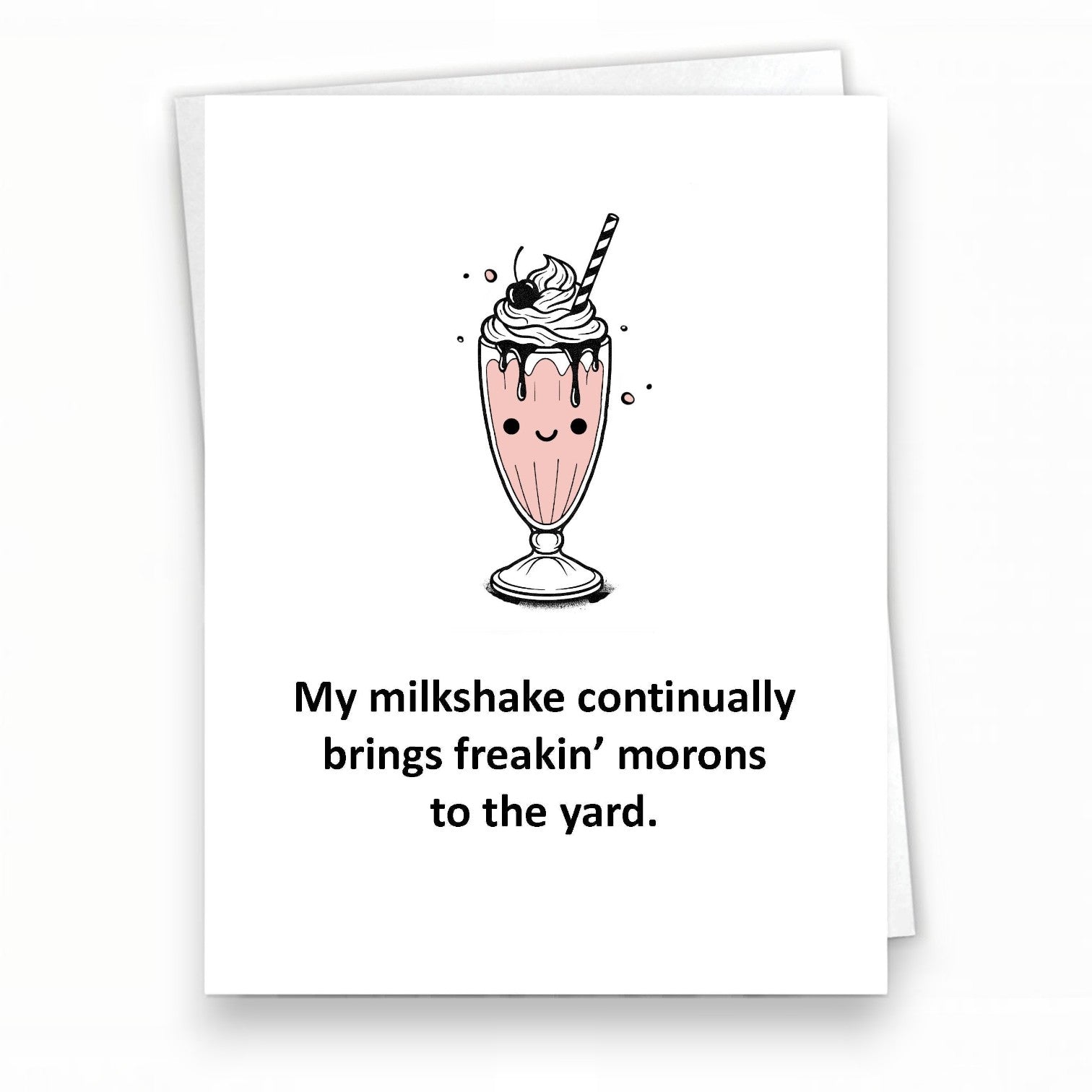 Mellow Monkey funny greeting card featuring a cute pink milkshake illustration and sarcastic Gen-X humor text.
