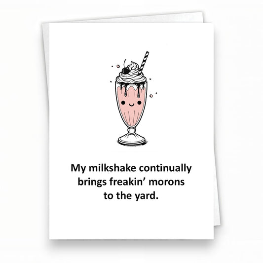 Mellow Monkey funny greeting card featuring a cute pink milkshake illustration and sarcastic Gen-X humor text.
