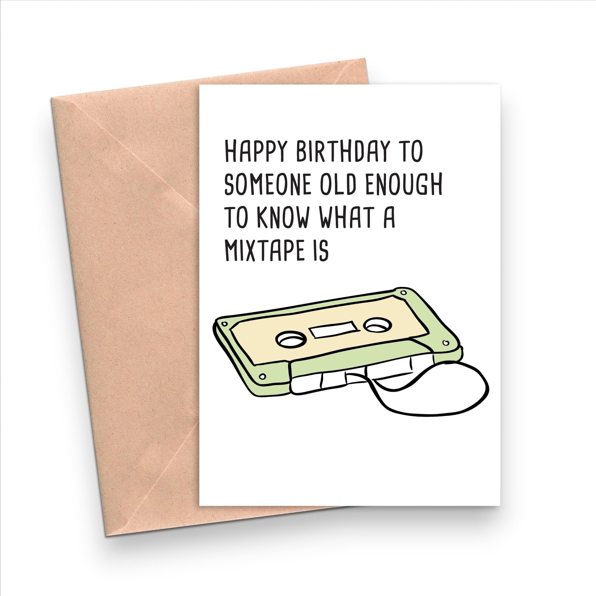 Mellow Monkey funny birthday card featuring a green cassette tape illustration and text on recycled cardstock