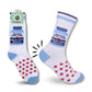 Mellow Monkey Funatic crew socks featuring a medicine bottle graphic and red cross pattern on a white background.