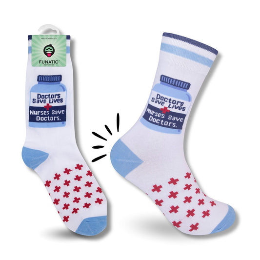 Mellow Monkey Funatic crew socks featuring a medicine bottle graphic and red cross pattern on a white background.
